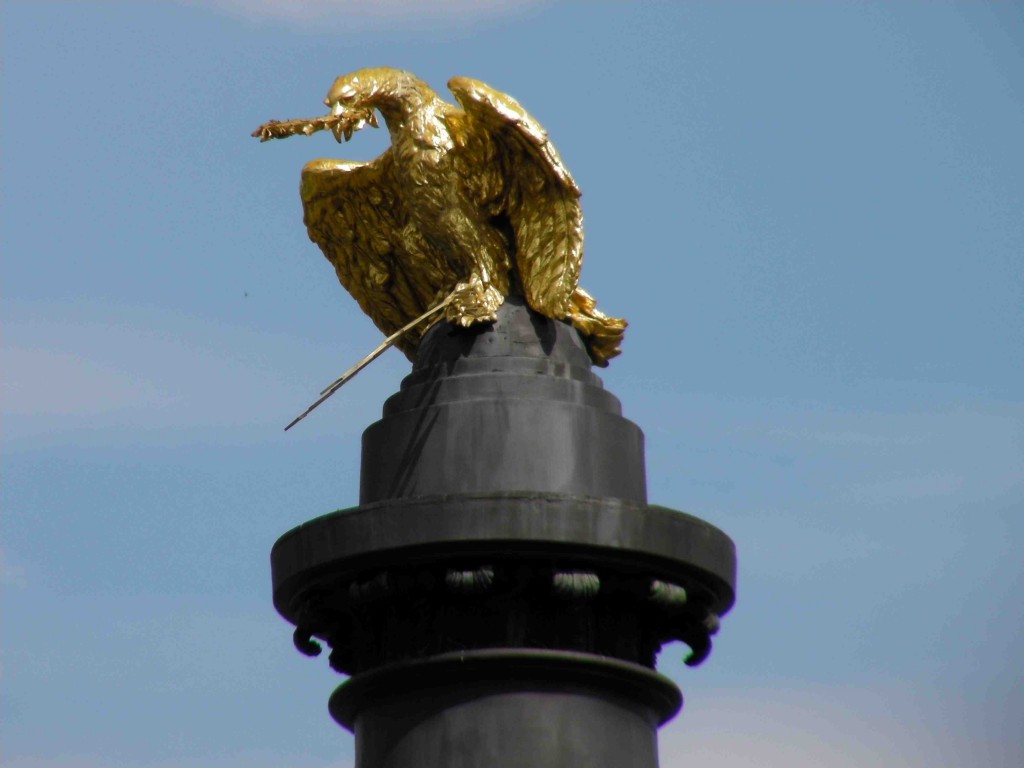 Golden eagle sitting atop the Column of Glory in Poltava, Ukraine.