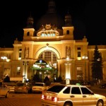 L'viv train station at night.