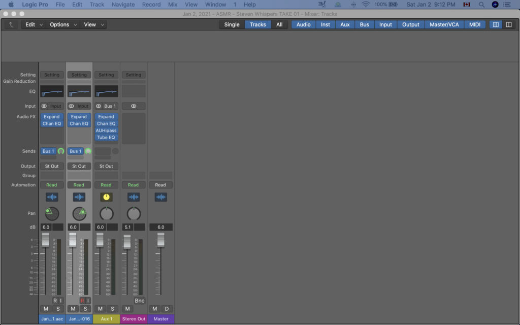 ASMR Mixer screen in Logic Pro X.